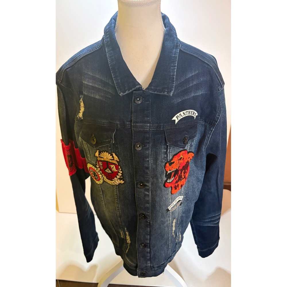 8IGHTH DSTRKT Denim Jacket 3XL Runs Small Fits XL L Patches Panther Distressed